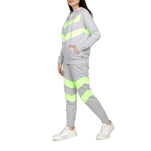 Ensemble de survêtement pour femme gris et vert fluo avec blocs de couleur, sweat à capuche et pantalon zippé sur toute la longueur, vêtements de sport décontractés avec poches latérales - Product Image 6