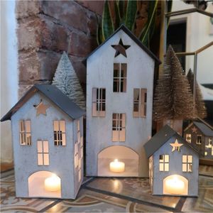 Rustic Galvanized Metal House Candle Holder <b>Set</b> Shabby Chic White Zinc <b>Lantern</b> Tabletop Christmas Decorative Village Display - Product Image 1