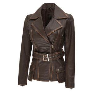 Chaqueta de moto de cuero genuino para mujer con cinturón y cierre de cremallera, color marrón, manga larga, cuello extendido, estilo otoñal - Product Image 1