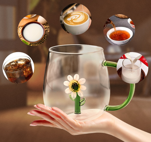 Vaso de Vidrio Transparente con Diseño de Margaritas y Asa Verde para Tiendas de Artículos para el Hogar, Minoristas de Artículos para el Hogar, Regalo Unisex - Product Image 5