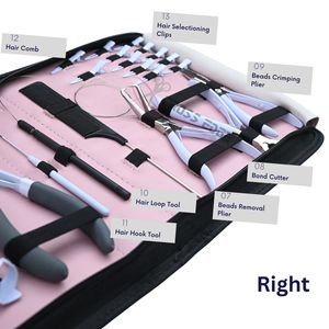 Kit de herramientas para extensiones de cabello OEM con pinzas para extensiones, pinza de presión para extensiones de cinta, agujas de gancho, clips, tijeras y estuche rosa con cremallera. - Product Image 3