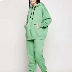Women 2 Piece Tracksuit Set Green Hooded Sweatshirt With Pocket Loose Fit Casual All Seasons Fleece Material Knitted Solid Color - Product Image 2