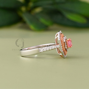 14K White Gold Art Deco Ring 0.53 CT Vivid Red Cushion Cut Lab Diamond Octagon Double Halo-Diamond Clarity VVS2 VS1 Yellow Gold - Product Image 3