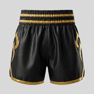 Pantalones Cortos de Muay Thai para Hombre con Ribete Dorado Metálico Personalizado, Pantalones Cortos de Kickboxing de Satén Negro Premium, Pantalones Cortos de Lucha MMA con Logotipo Personalizado al por Mayor - Product Image 1