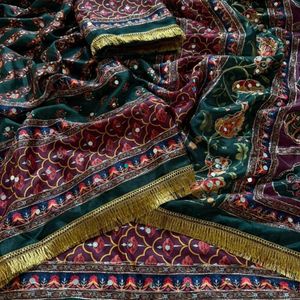 Soft Pure Marshmallow Shiny Chinnon Silk Saree with Designer Ajrakh Print <b>Aari</b> Zari And Real Mirror <b>Work</b> - Product Image 6