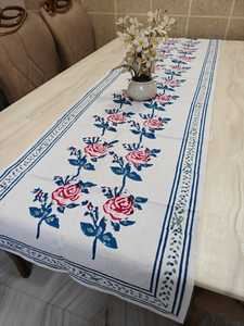 Handmade Floral Embroidered <b>Table</b> <b>Runner</b> Rectangle Pure Blue Color Hand Block Print <b>Table</b> <b>Runner</b> For Kitchen & <b>Dining</b> Room - Product Image 4