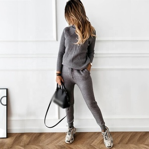 Costume uni deux pièces à col haut et pantalon extensible, pour femmes, pull-over d'hiver, produit Direct d'usine, - Product Image 5