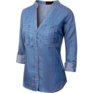 Camisa de mezclilla azul ajustada para mujer, blusa con botones, tela transpirable, informal, para verano, ropa exterior, camisas con logo personalizado - Product Image 4