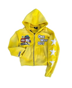 Sweat à capuche col rond épais en molleton bouclette, style streetwear personnalisé, avec strass, coupe oversize, effet vieilli, broderie zippée, délavage acide vintage - Product Image 4