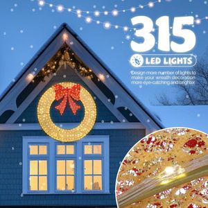 Ghirlanda Natalizia da Esterno in Metallo Pre-Illuminata a LED da 48 Pollici con 315 Luci, Decorazione Festiva per Casa, Giardino, Esterni, Fiocco Oro/Rosso, per Interni - Product Image 4