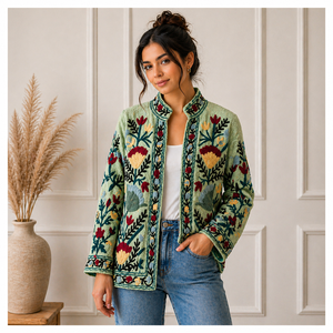 Veste d'hiver unisexe ouverte sur le devant, brodée et matelassée, style bohème, tissée à la main, écologique, respirante, pour festival - Product Image 1