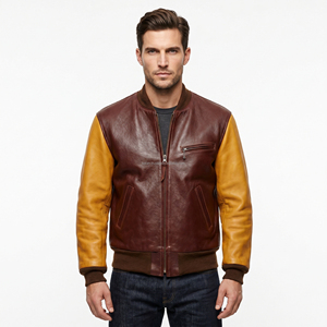 Chaqueta Varsity Casual de Invierno de Cuero Vacuno Natural con Cuello Alto, Estilo Béisbol Letterman, Marrón Dorado, Personalizada al por Mayor - Product Image 1