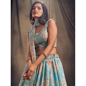Festival d'organza imprimé floral bleu ciel Lehenga Choli - Product Image 1