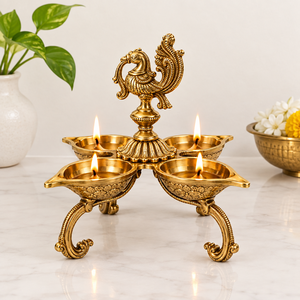 Handcrafted Brass Peacock Five Bowl Diya <b>Oil</b> <b>Lamp</b> Traditional Puja Deepak for Home Temple Diwali Wedding Decor - Product Image 3