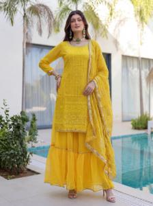 ชุดชาราร่าแบบอินเดียดั้งเดิม ผ้าจอร์เจตต์เนื้อนุ่ม ตกแต่งด้วยงานปักเลื่อมและดิ้นทอง เหมาะสำหรับงานแต่งงาน สำหรับผู้หญิง สวมใส่ในโอกาสพิเศษ - Product Image 5