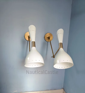 Vintage Nautical White Italian Brass Bell LED Diablo Wall <b>Sconce</b> Pair Mid Century 1950s Decorative Bedside <b>Light</b> Lamps Gift - Product Image 2