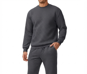 Ensemble survêtement décontracté gris foncé pour homme : sweat-shirt à col rond et pantalon de jogging pleine longueur, couleur unie, avec poches latérales, respirant - Product Image 3