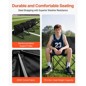 Banc pliant portable léger 4 places pour le football avec poches latérales et sac de transport – Mobilier de camping pratique - Product Image 3