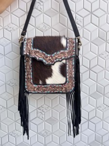 2026 Latest Fashion Hand Tooled Carving Leather Fringe Handbag Cowhide Fur Gypsy Boho Vintage Handmade Cross body <b>Shoulder</b> Bag - Product Image 4