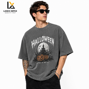 เสื้อยืดฮาโลวีนผู้ชายทรงโอเวอร์ไซส์ สีเทา ผ้าฝ้าย พิมพ์ลายฟักทอง หลุมศพ ค้างคาว ปราสาท แขนสั้น สไตล์ลำลอง โกธิค สตรีทแวร์ - Product Image 2