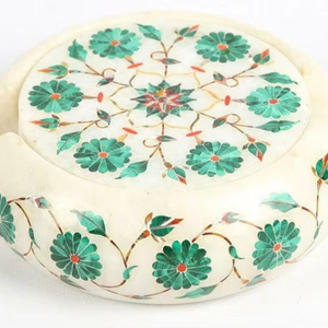 Ensemble de 6 dessous-de-verre en marbre avec incrustation de malachite faits à la main, vaisselle indienne - Product Image 1