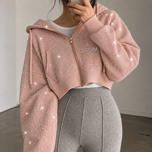 Sudadera con capucha de algodón de punto grueso para mujer, con pedrería, estilo urbano, de lujo vintage, con cremallera, venta al por mayor, suministro de moda - Product Image 1