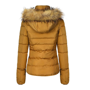 Chaqueta acolchada amarilla mostaza personalizada para mujer con capucha de piel sintética desmontable, abrigo cálido de invierno con cremallera y bolsillos. - Product Image 3