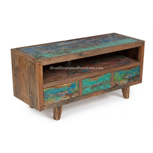 Reclaimed Boat Wood TV <b>Cabinet</b> 3 Drawer Chinese Style Solid Wood <b>Rustic</b> Recycled Boat Wood Sustainable Design For Stand TV - Product Image 3