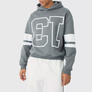 Sudadera con capucha extragrande gris para hombre con estampado de letras ET blancas y rayas en las mangas, estilo casual, de algodón, tejido French Terry. - Product Image 1