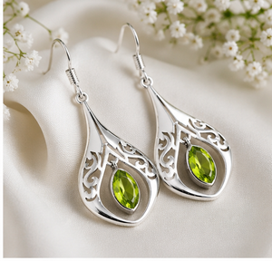 Natural Peridot Gemstone <b>Silver</b> <b>Earrings</b> | Handmade 925 Sterling <b>Silver</b> <b>Dangle</b> <b>Earrings</b> | Marquise Cut Green Peridot Jewelry for - Product Image 1