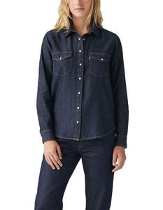 Blusa de Mezclilla Índigo para Mujer, Manga Larga, Cierre de Botones, Cuello Clásico, Corte Regular, Diseño con Bolsillos, Prenda Informal para Uso Diario - Product Image 1