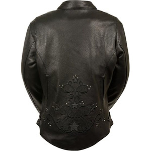 Veste en cuir noire pour femme, manches longues, broderie en strass, toutes saisons, vêtements de moto - Product Image 6