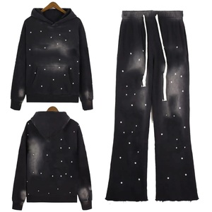 Survêtements unisexes en strass, coupe classique, sweat à capuche et pantalon évasé, pour hommes, entièrement ornés de pierres, 100% coton, légers, respirants, hiver - Product Image 2