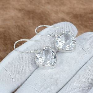 White Topaz Heart <b>Earrings</b> <b>Solid</b> 925 Sterling <b>Silver</b> Gemstone Dangle <b>Earrings</b> Handmade Bezel Setting Drops For Women Anniversary - Product Image 1