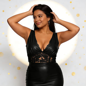 Hot Sale on Temu 2026 Women's Plus Size V Neck Sleeveless Lace Panel Leather Look <b>Clubwear</b> Mini <b>Dress</b> - Product Image 2