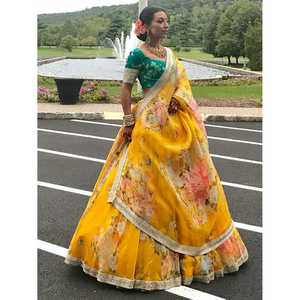 <b>Charming</b> Yellow Floral Printed Organza Wedding Wear Lehenga Choli - Product Image 1