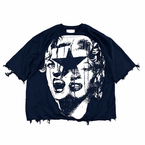T-shirt graphique vintage délavé et oversize pour hommes et femmes, style streetwear, coupe courte, imprimé visage d'étoile, coton, style Harajuku Punk - Product Image 3