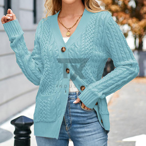 Cardigan en tricot bleu personnalisé avec logo blanc imprimé, manches longues, col rond, pull décontracté pour femme - Product Image 5