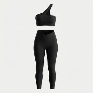 Women <b>Black</b> One Shoulder Asymmetric Crop Top V Waist <b>Leggings</b> <b>Yoga</b> 2 Piece Set - Product Image 1