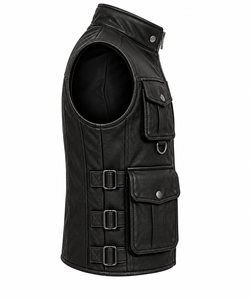 <b>Men's</b> <b>Black</b> Polyester Moto <b>Vest</b> Stand Collar Zipper Closure Multi Pockets Casual Outerwear Plus Size Regular Fit Solid Color - Product Image 3