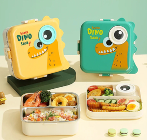 Cartoon Cute Square Children's Bento Box Dipping Sauce Box Utensils BPA Free Plastic Stainless Steel 3 Compartments <b>Microwave</b> - Product Image 6