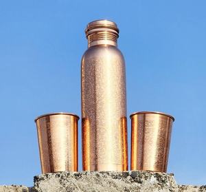 Pure <b>Copper</b> Water <b>Bottle</b> With Engraved Design Handmade Ayurvedic <b>Drinking</b> Flask Screw-On Lid Reusable For Travel Camping Hiking - Product Image 1