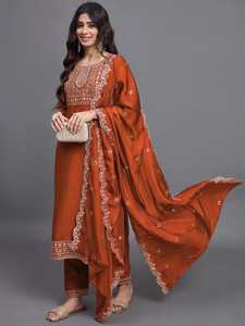 Conjunto de Tres Piezas de Salwar Kameez Bordado en Algodón Verde Oliva, Estilo Indio-Pakistaní, con Dupatta, para Fiestas y Bodas, para Mujer - Product Image 4