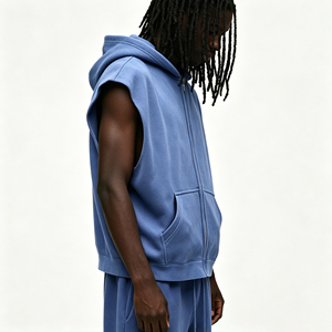 Gilet sans manches à capuche zippé pour homme, bleu uni, en molleton bouclette, coupe oversize, style décontracté, avec poches - Product Image 4
