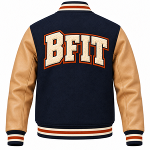 Chaqueta Varsity para Hombre, Color Azul Marino, Cuerpo de Lana, Mangas de Cuero Color Bronceado, Logotipo Bordado, Ropa de Otoño - Product Image 3