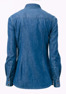 Camisa vaquera de manga larga para mujer, cuello vuelto, color liso, informal, con bolsillos, para otoño - Product Image 3