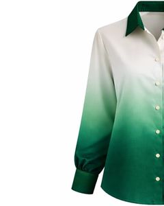Camisa de Mujer con Botones y Manga Larga, Color Degradado de Blanco a Verde Esmeralda, Blusa Casual de Oficina, Fabricante de Ropa Personalizada OEM - Product Image 3