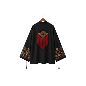 Women's Black Ethnic Embroidery Kaftan With Geometric Pattern And <b>Red</b> Tassels Long Sleeve Breathable Loose Fit Daily Wear Kaftan - Product Image 1