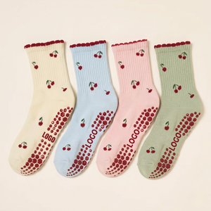Wholesale <b>Custom</b> Women's Pilates Crew Ruffle Cotton <b>Socks</b> Non-slip Yoga Personalized Beige Cuff Breathable Fitness <b>Grip</b> Sports - Product Image 1