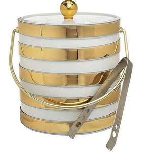 Striped Gold and White Ice Bucket with Metal Tongs Round Glam Party Cooler Durable Design ice Bucket - Product Image 1